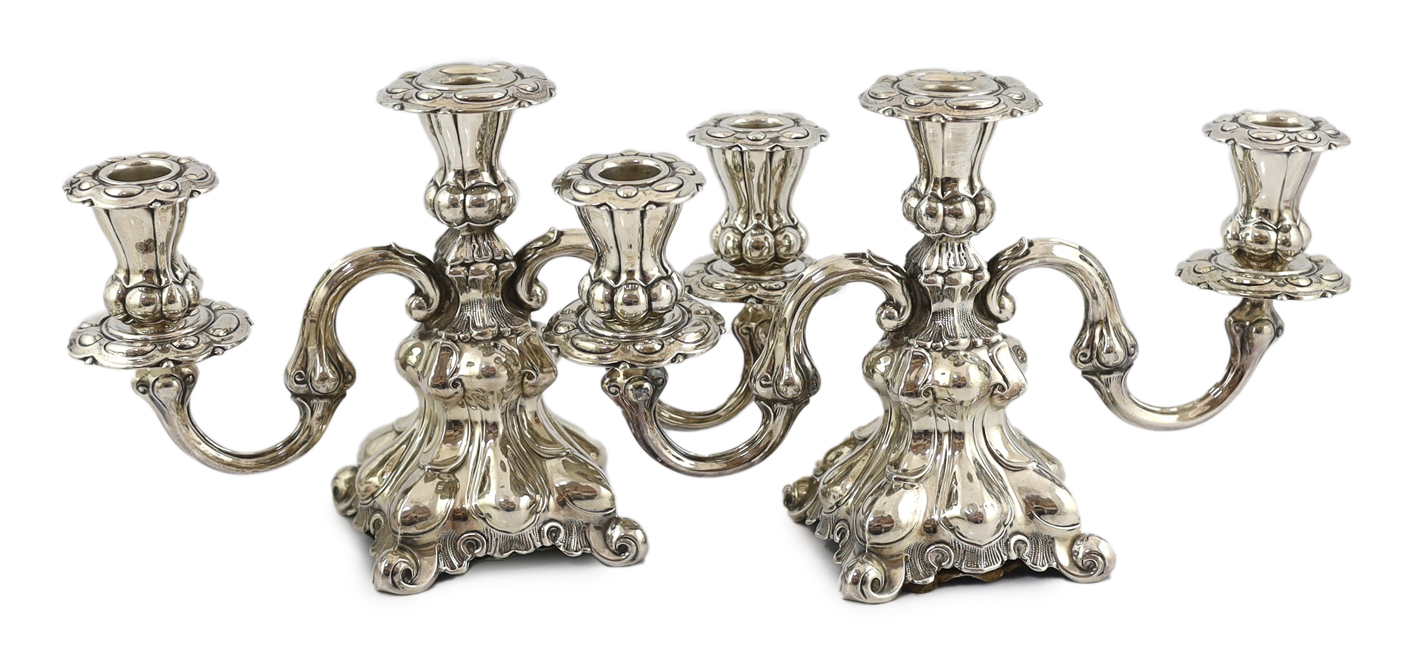 A pair of 1940's Danish silver two branch, three light dwarf candelabra, by Hans Jensen & Co